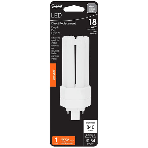 Feit Electric BPPLT18E827LEDG2HDRP LED Bulb, Triple Tube, PL Lamp, 18 W Equivalent, GX24Q-2 Lamp Base