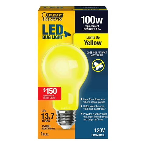 Feit Electric A19100/BUG/LED LED Bug Light, A19 Lamp, 100 W Equivalent, E26 Medium Lamp Base, Dimmable, Yellow, Yellow