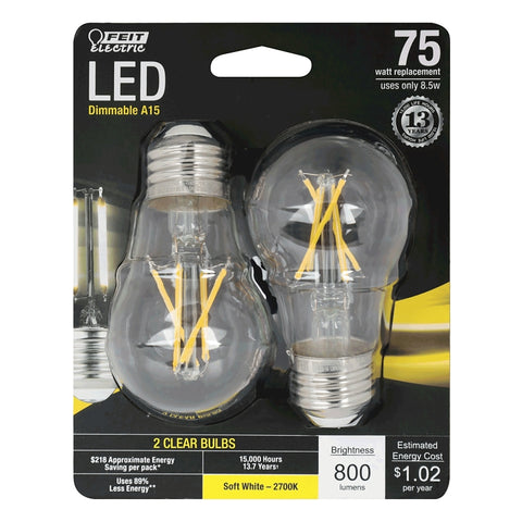 Feit Electric BPA1575/827/FIL/2 Filament LED Bulb, General-Purpose, A15 Lamp, 75 W Equivalent, E26 Medium Lamp Base