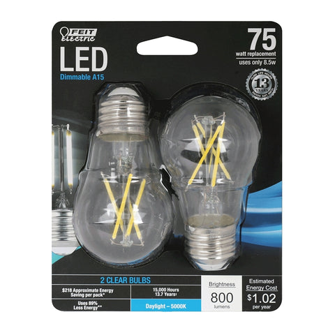Feit Electric BPA1575/850/FIL/2 Filament LED Bulb, Globe, A15 Lamp, 75 W Equivalent, E26 Medium Lamp Base, Dimmable