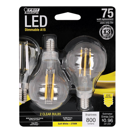 Feit Electric BPA1575C/827/FIL/2 Filament LED Bulb, A15 Lamp, 75 W Equivalent, E12 Candelabra Lamp Base, Dimmable, Clear