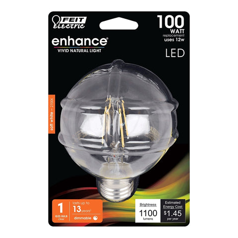Feit Electric BPG25100/927CA/FIL Filament LED Bulb, Globe Filament, G25 Lamp, 100 W Equivalent, E26 Medium Lamp Base
