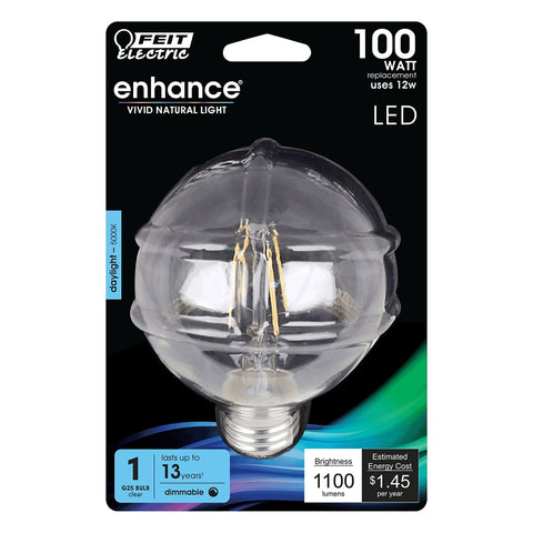 Feit Electric BPG25100/950CA/FIL LED Bulb, Globe Filament, G25 Lamp, E26 Lamp Base, Clear, Daylight Light