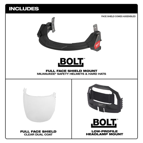 Milwaukee BOLT 48-73-1420 Full Face Shield, 10 in W Visor, 9-1/2 in H Visor, 0.06 in Thick Visor, Clear Visor