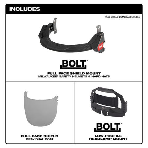 Milwaukee BOLT 48-73-1425 Full Face Shield, 10 in W Visor, 9-1/2 in H Visor, 0.06 in Thick Visor, Gray Visor