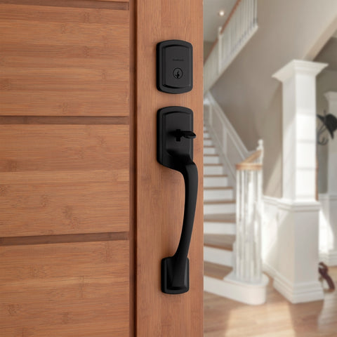 Kwikset 98180-026 Entry Handleset, Matte Black, Metal, KW1 Keyway, Residential, Grade 3 Grade, Left, Right Hand