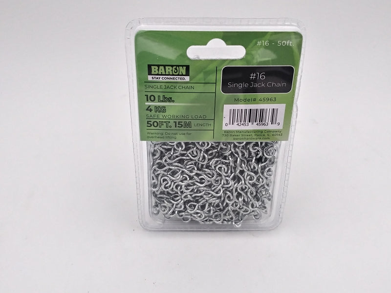 Baron 45963 Single Jack Chain, #16, 50 ft L, Steel, Galvanized/Zinc Pl ...