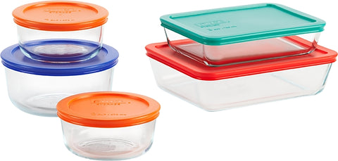 Pyrex 1091198 Series Food Storage Container Set, Rectangular, Round, Blue/Green/Orange/Red, Glass, Clear, Pack of 2