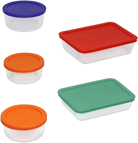 Pyrex 1091198 Series Food Storage Container Set, Rectangular, Round, Blue/Green/Orange/Red, Glass, Clear, Pack of 2
