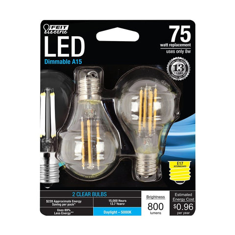 Feit Electric BPA1575N/850/FIL/2 Filament LED Bulb, General-Purpose, A15 Lamp, 75 W Equivalent, E17 Lamp Base, Dimmable