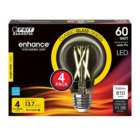 Feit Electric A1960CL930CA/FIL/4 Filament LED Bulb, 810 Lumens, 9 W, A19 Lamp, 60 W Equivalent, E26 Lamp Base, 4/PK