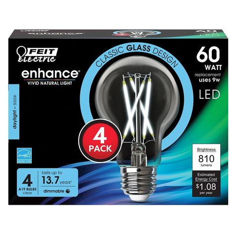 Feit Electric A1960CL950CA/FIL/4 Filament LED Bulb, A19 Lamp, 60 W Equivalent, E26 Medium Lamp Base, Dimmable, Clear