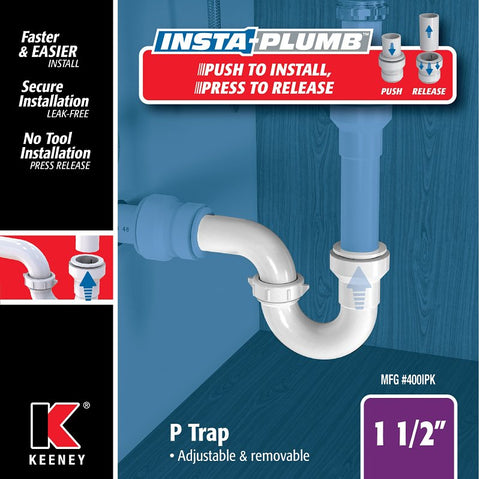 Insta-Plumb 400IPK P-Trap, 1-1/2 in, Push-To-Connect, Plastic, White