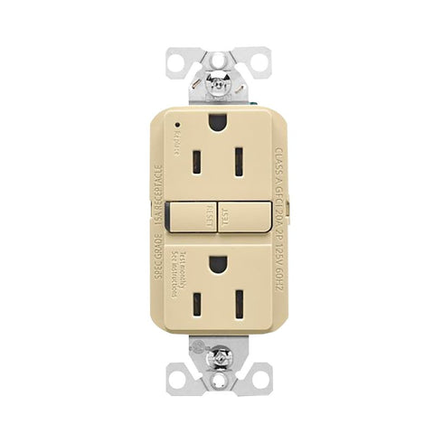 Eaton GF15V Self-Test GFCI Receptacle, 125 V, 15 A, NEMA: NEMA 5-15R, Back, Side Wiring, Ivory