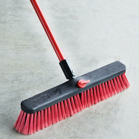 Libman 804 Push Broom, 3 in L Trim, Pet Bristle, 58-3/4 in L, Threaded, Steel Handle, Red