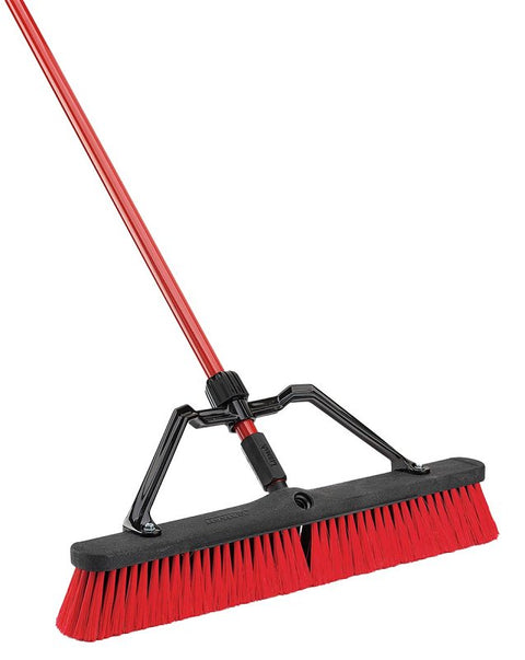 Libman 823 Push Broom, 3 in L Trim, Pet Bristle, 62-1/2 in L, Lock Screw, Steel Handle, Black/Red