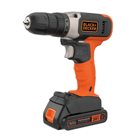 Black+Decker 20V MAX BCD702C1 Cordless Drill/Driver, Battery Included, 20 V, 1.5 Ah, 3/8 in Chuck, Keyless Chuck