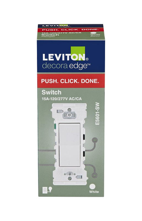 Decora Edge Series E5601-0SW Residential-Grade Rocker Switch, 15 A, 120/277 VAC, Side Lever Terminal, White