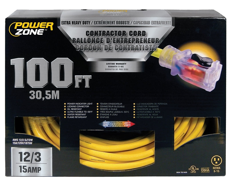 PowerZone ORP511835 Contractor Cord, 12 AWG Cable, 100 ft L, 15 A, 125 ...