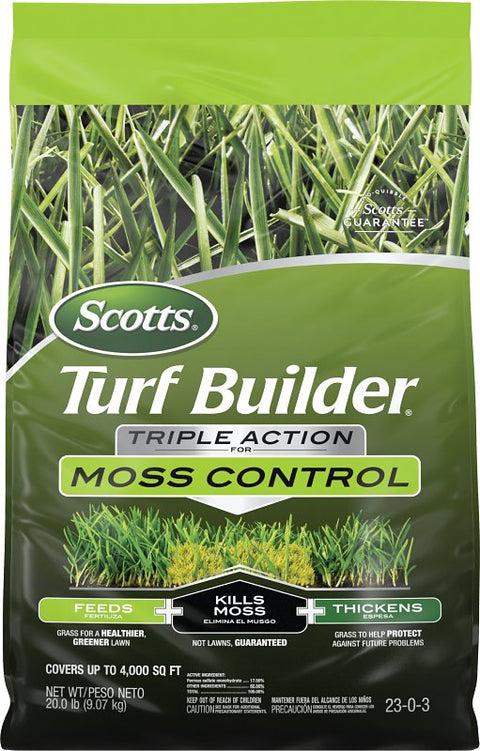 Scotts Turf Builder 38506 Moss Killer and Lawn Fertilizer, Granular, Dark Brown/Tan, 20 lb Bag