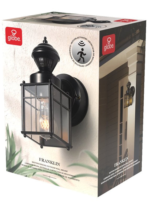 globe Franklin 60000001 Motion-Sensing Wall Lantern, LED Lamp, Black Fixture, Matte Black Fixture, Pack of 2