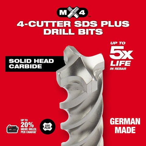 Milwaukee MX4 48-20-7228 Hammer Drill Bit, 7/8 in Dia, 10 in OAL, 4-Cutter, Variable Flute, 13/32 in Dia Shank, SDS Plus Shank