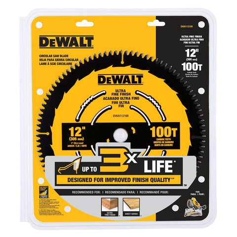 DEWALT DWA112100 Saw Blade, 12 in Dia, 1 in Arbor, 100-Teeth, Carbide Cutting Edge, Applicable Materials: Wood