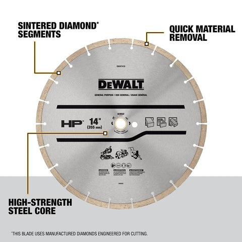 DEWALT DW47410 General-Purpose Blade, 14 in Dia, 1 in Arbor, Diamond Cutting Edge, Segmented Rim