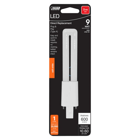 Feit Electric BPPL9/827/LEDG2/HDRP LED Bulb, Twin Tube, 600 Lumens, 5 W, PL Lamp, G23 Lamp Base, Non-Dimmable, 1/PK
