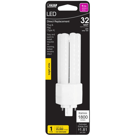 Feit Electric BPPLT32E835LEDG2HDRP LED Bulb, Triple Tube, PL Lamp, GX24q-3 Lamp Base, Bright White Light