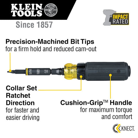 Klein Tools KNECT 32500HDRT 11-in-1 Screwdriver/Nut Driver, 3/8, 5/16, 1/4, 1/2 in Drive, 8 in OAL, Plastic Handle