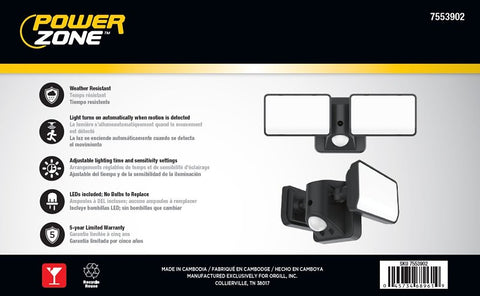 PowerZone CL-SLM1500AC-2HBK Motion Activated Security Light, 120 V, 18 W, LED Lamp, 1500 Lumens
