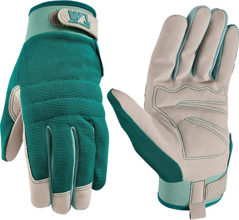 Wells Lamont 7754-L Gloves, High-Dexterity, Lightweight, Women's, L, Adjustable Wrist Strap Cuff, Gray/Green
