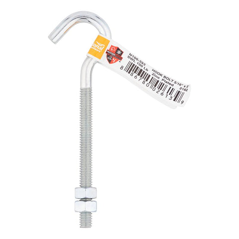 National Hardware N100-393 Hook/J-Bolt, 5/16-18 Thread, 3-1/4 in L Thread, 5 in L, Steel, Zinc-Plated, Pack of 10