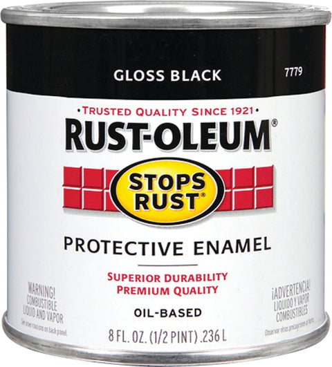 Rust-Oleum Stops Rust 7779730 Enamel Paint, Oil, Gloss, Black, 0.5 pt, Can, 50 to 90 sq-ft/qt Coverage Area