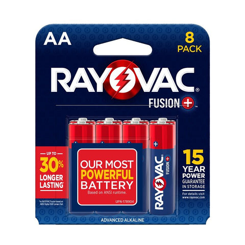 Rayovac FUSION 815-8TFUSJ Battery, 1.5 V Battery, AA Battery, Alkaline, Black/Red/White