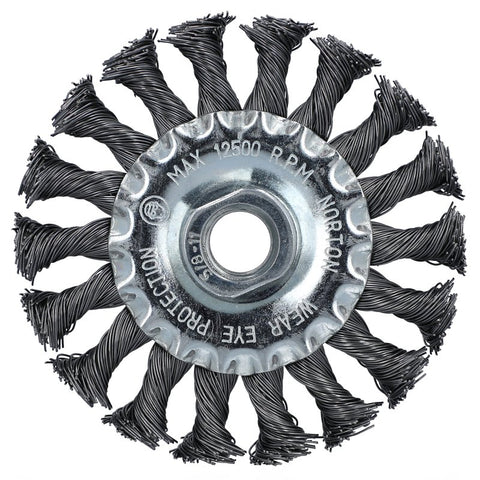 Norton 70184609154 Wire Wheel Brush, 4 in Dia, 5/8 in Arbor/Shank, Knotted Bristle, 0.02 in Dia Bristle