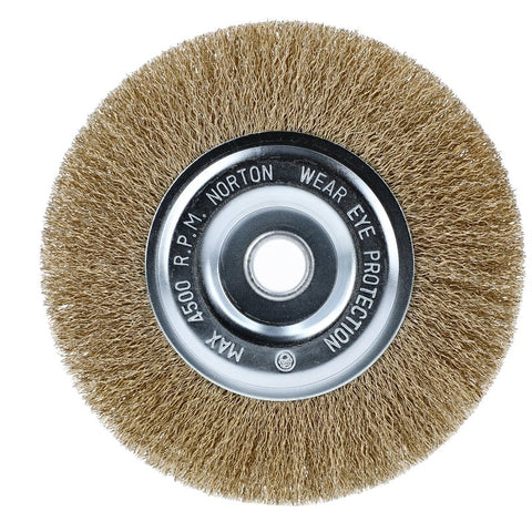 Norton 70184609161 Wire Wheel Brush, 6 in Dia, 1/2 in Arbor/Shank, Crimped Bristle, 0.012 in Dia Bristle