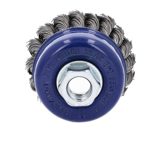 Norton 70184609150 Wire Cup Brush, 3 in Dia, 5/8 in Arbor/Shank, Knotted Bristle, 0.012 in Dia Bristle