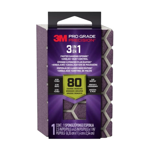 Pro Grade Precision DCDA80-PGP-1T 3-in-1 Sanding Sponge, 4-1/2 in L, 2-1/2 in W, 80 Grit, Coarse