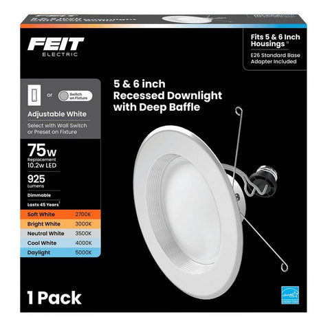 Feit Electric LEDR56B6WYCA Recessed Downlight, 10.2 W, 120 V, LED Lamp, White