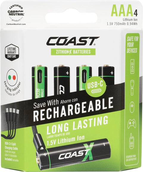 Coast ZITHION-X 31233 Battery, 1.5 V Battery, 750 mAh, AAA Battery, Lithium-Ion, Rechargeable: Yes