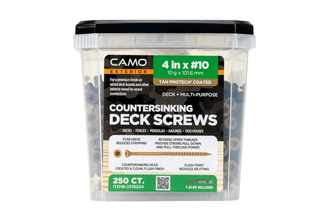 Camo 0376204 Deck Screw, #10 Thread, 4 in L, Coarse Thread, Countersink Head, Star Drive, Type 17 Slash Point
