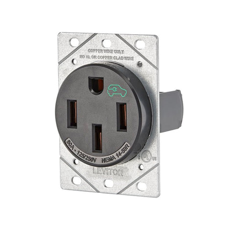 Leviton 1450R Duplex Outlet, 3-Pole, 50 A, 125/250 VAC, Side Wiring, NEMA: NEMA 14-50R, Black