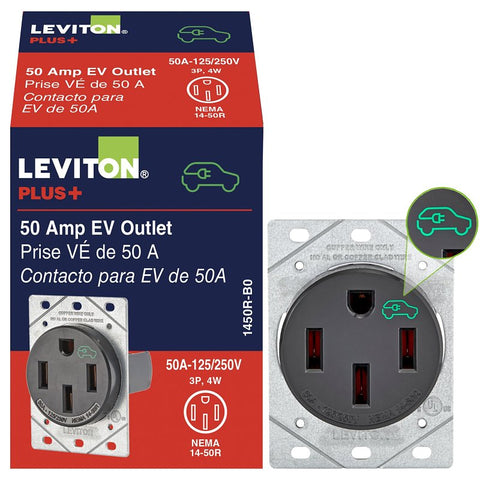 Leviton 1450R Duplex Outlet, 3-Pole, 50 A, 125/250 VAC, Side Wiring, NEMA: NEMA 14-50R, Black