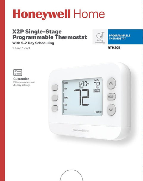 Honeywell X2P RTH20B Programmable Thermostat, 24 V, Backlight Display, White
