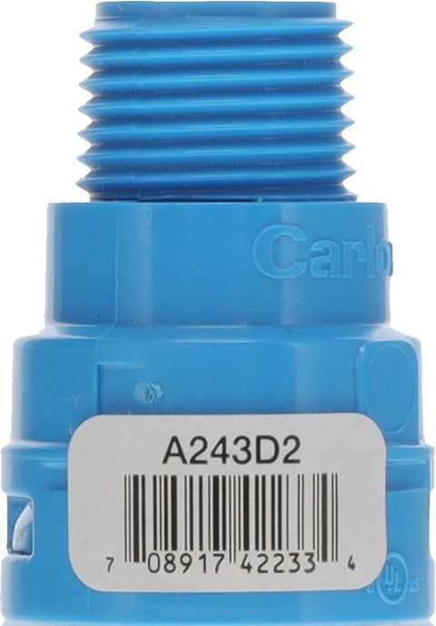 Carlon A243D2-10R ENT Adapter, 1/2 in MPT x NPT, 1.27 in Dia, 1.79 in L, Polycarbonate, Blue