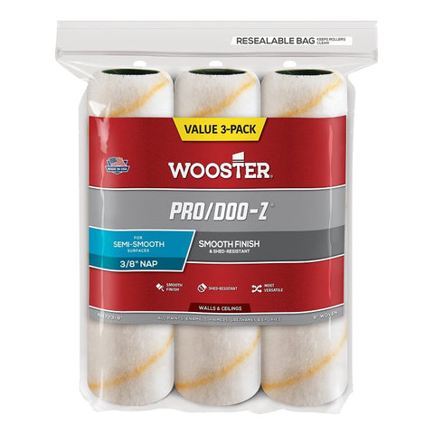 Wooster RR723-9 Roller Cover, White, 3/8 in Thick Nap, 9 in L, 3/PK