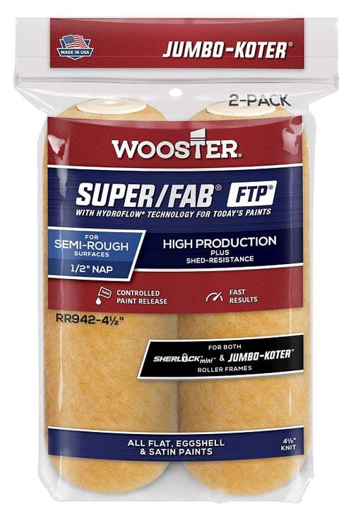 Wooster RR942-4 1/2 Roller Cover, 1/2 in Thick Nap, 4-1/2 in L, Fabric Cover, Lager