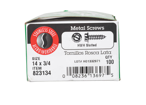 Hillman Hex Washer Slotted Drive Sheet Metal Screws Stainless Steel 14 x 3/4 in. L 100 per bo